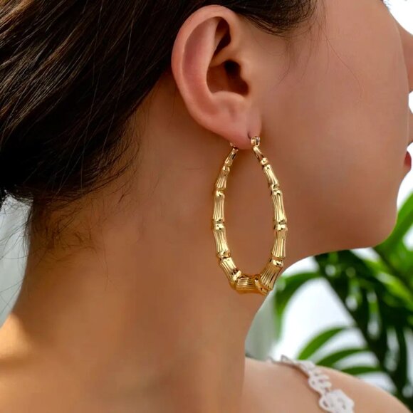 14K Gold Womens Large Oval Bamboo Hoop Earrings 14 Karat Silver Hoops Jewelry - Picture 5 of 6